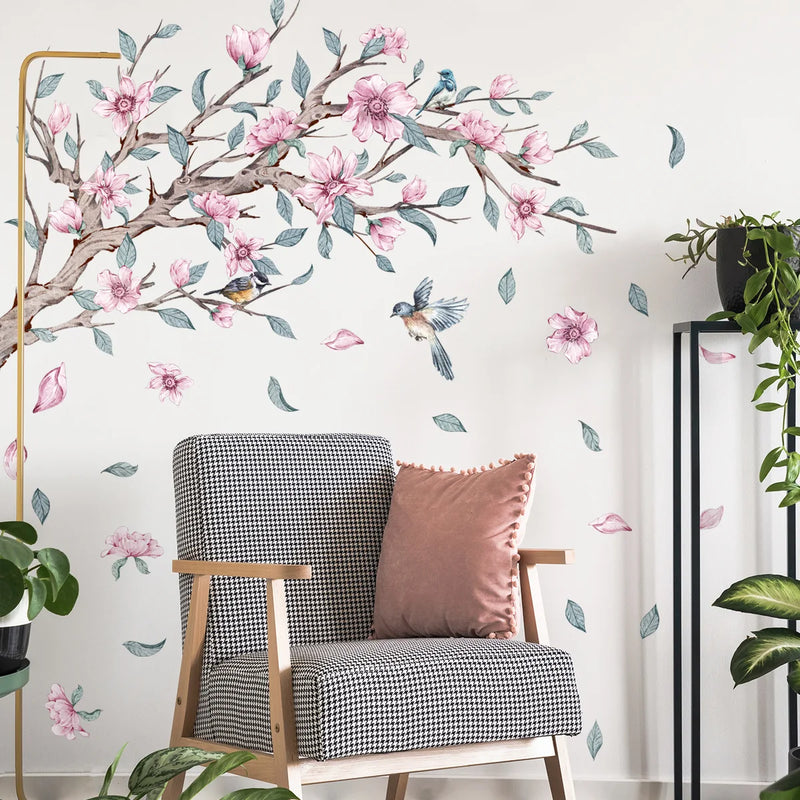 Fresh Branches Wall Sticker Butterflies Birds Wallpaper Pink Flowers Wall Sticker Living Room Bedroom Home Decor Decals Murals