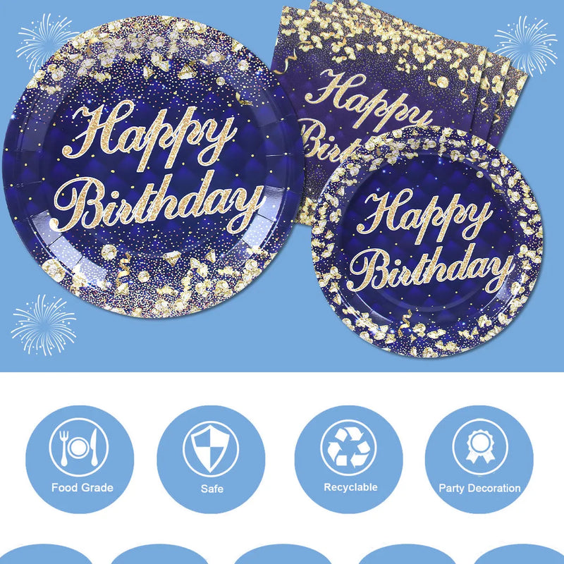 Birthday Theme Party Decorations Tableware Blue Gold Paper Plates Birthday Party Adults Baby Shower Birthday Party Supplies