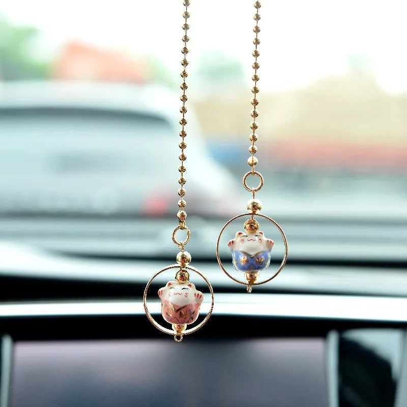 Cute Lucky Cat Charm Car Pendant Automobiles Rearview Mirror Suspension Decoration Accessories Hanging Pendant Gifts for Girls