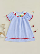 Girls Short Sleeve Plaid Embroidery Dress with Crew Neck Perfect Back-to-School Outfit for Summer Wear