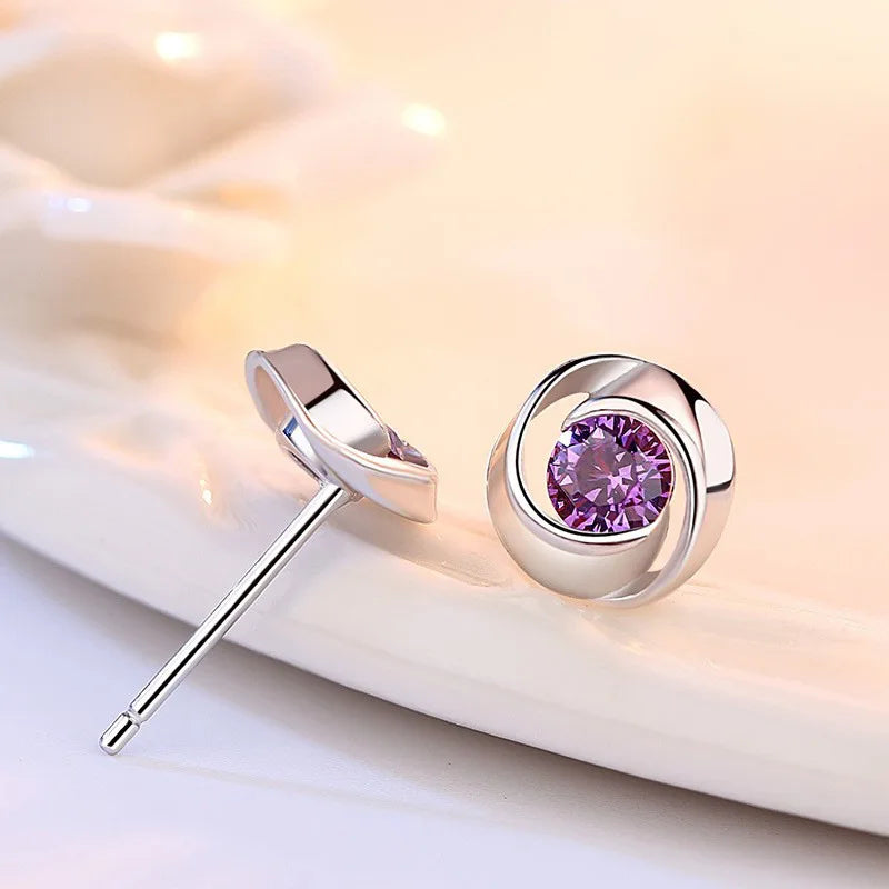 Genuine 925 Sterling Silver Woman's High Quality Fashion Jewelry Spiral Crystal Stud Earrings XY0227