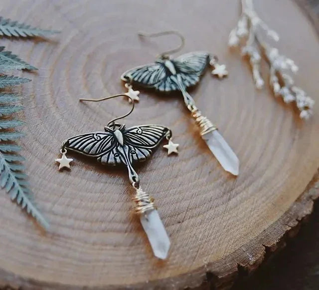 Luna Moth Quartz Earrings, Insect Earrings, Bohemian, Dangle Earrings