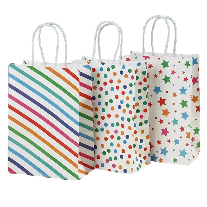 12pcs Rainbow Kraft Paper Gift Bag with Handle Candy Favor Bag Christmas Wedding Baby Shower Kids Birthday Goody Bag Party Decor