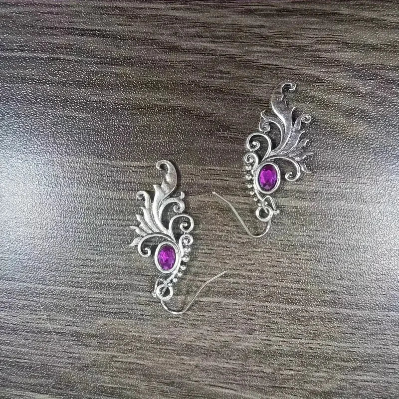 Vintage Oval Purple Stone Earrings Ethnic Silver Color Metal Carving Pattern Spiral Dangle Earrings for Women Jewelry