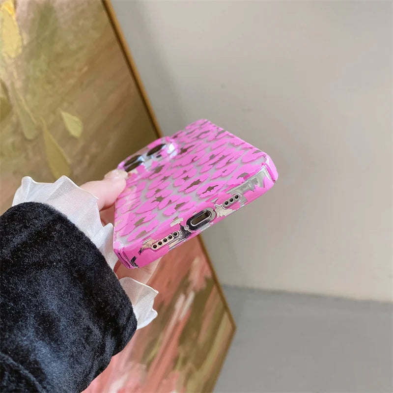 Cute Fashion Pink Leopard Print Phone Case For iphone 11 12 Pro Max 13 14 15 plus Plastic Clear Hard Back Cover