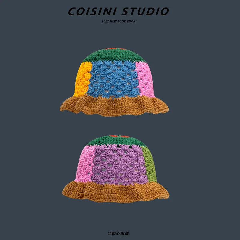 2024 New Korean-Japanese Hand Buckle Crochet Bucket Hat Spring and Autumn Winter Sun Hat Female Cherry Designer Bob Basin Hat