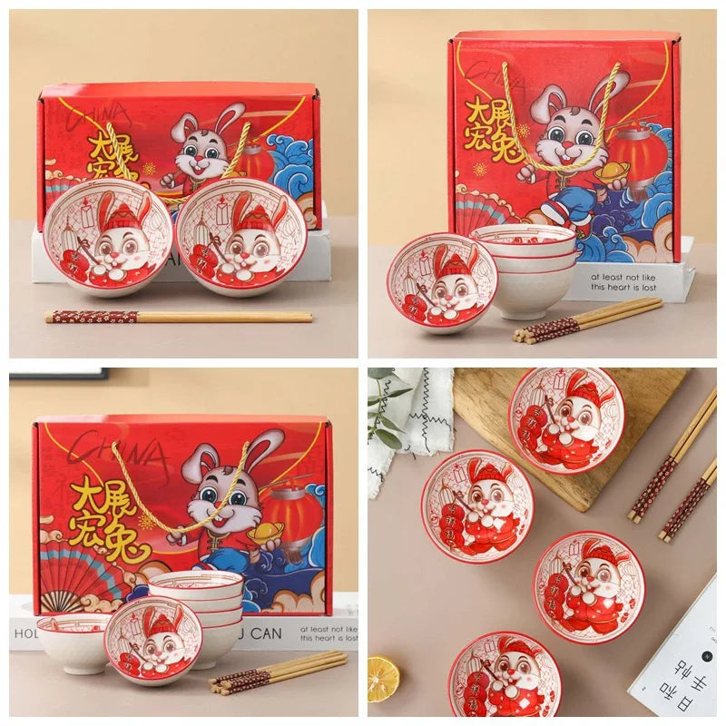 Creative Chinese Hand-painted Ceramic Bowls Tableware Cartoon Panda Gifts Bowls Chopsticks Set Gift Box Dishes