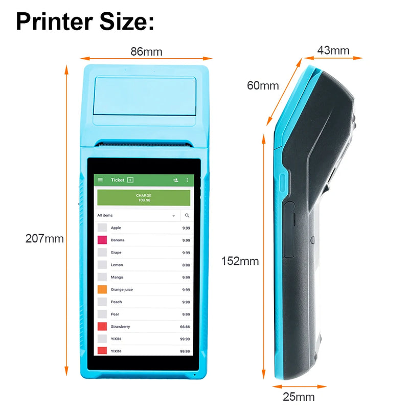 Handheld PDA Android 8.1 Terminal POS 58mm Mobile Receipt Bill Thermal Printer 5.5''HD+ Support WiFi 1D/2D Scanning POS System