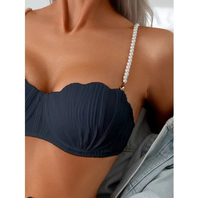 Fashion Ruched Bikini Push Up Swimsuit Women Split Pearl Chain High Waist Bikini 2025 New Solid Bathing Suit Two Piece Beachwear