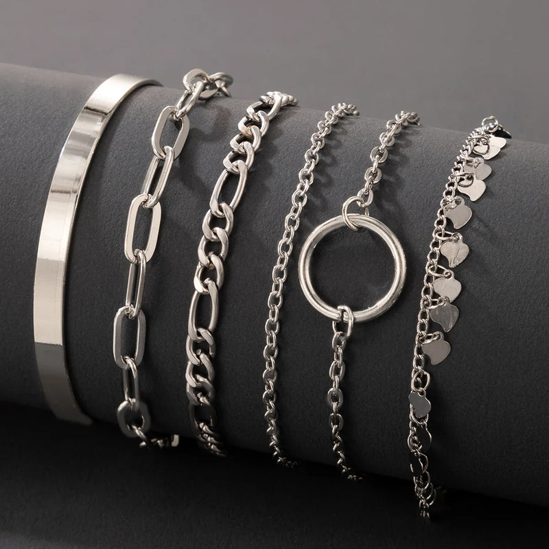 Boho Gold Color Link Chain Bracelet Set For Women Geometric Round Circle Tassel Charm Open Bangle Female Jewelry