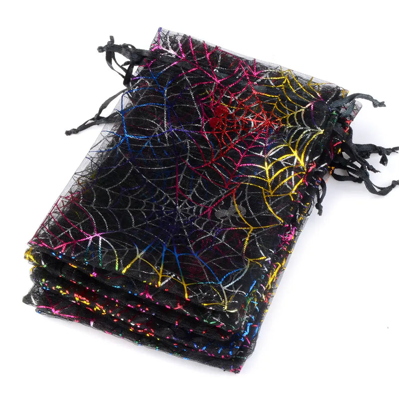 25/50pcs 10x15cm Halloween Organza Gift Bag Drawstring Spider Web Multi Color Printing Packaging Gift High Quality Candy Bag
