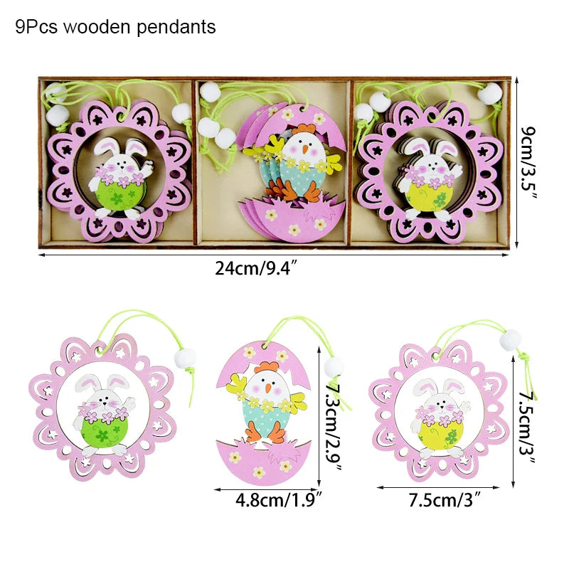 12/9pcs Happy Easter Wooden Pendant Cute Bunny Egg Carrot Chick Hanging Ornaments Spring Easter Party Home Decoration DIY Wreath
