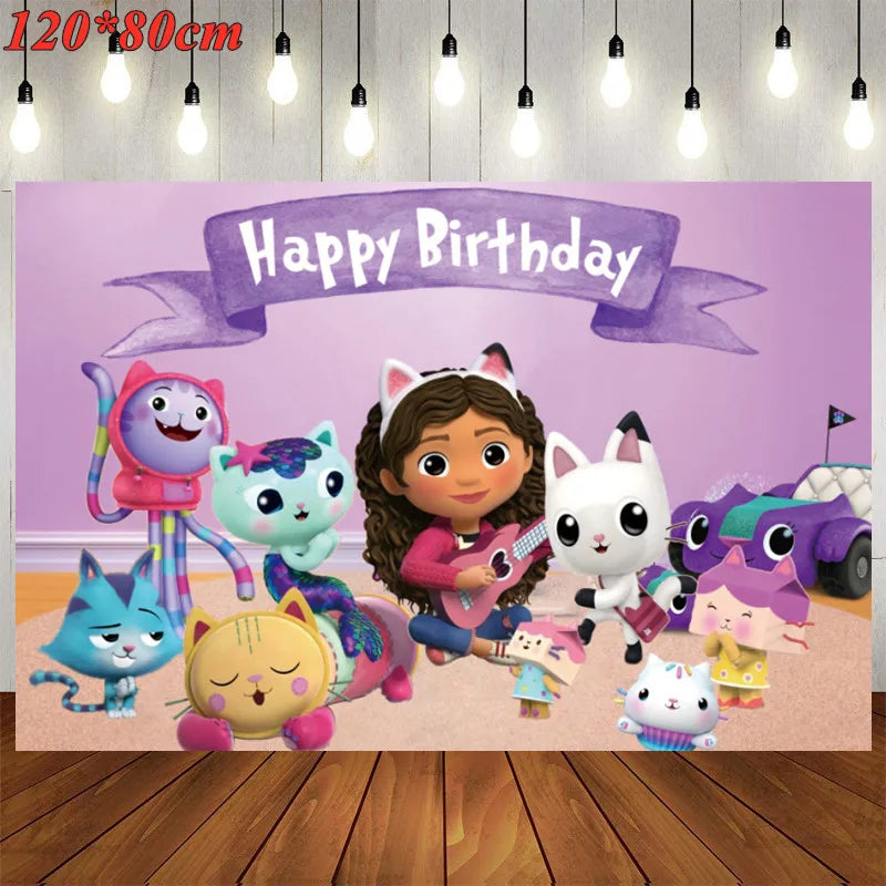 New Gabby Dollhouse Cats Birthday Party Decoration Balloon Pink Cartoon Tableware Backdrop Baby Shower Kids Girls Party Supplies