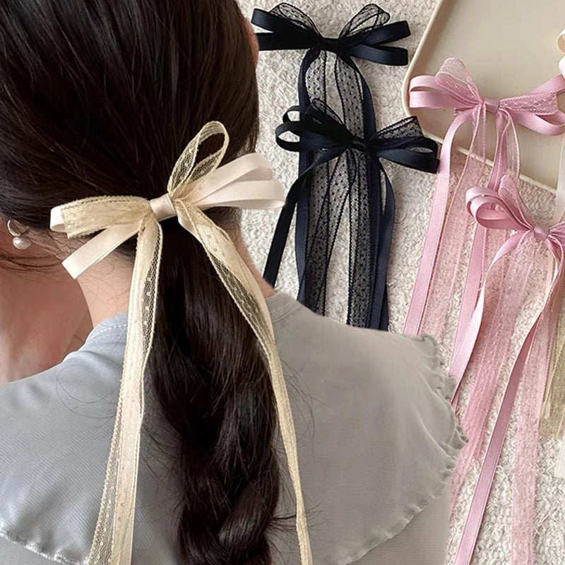 2pcs Lace Fabric Hairpins Women Girls Korean Cute Headwears Barrettes Trend Long Ribbon Headband Pins Sweet Bowtie Hair Clips