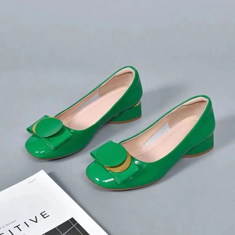 Cresfimix Women Cute Round Toe Green Pu Leather Spring Slip on Square Heel Shoes Lady Classic Black Office & Party Pumps A92e