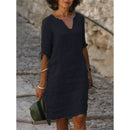 Cotton Linen Dress 3 Quarter Vintage Casual V Neck Loose Waist Midi Beach Dress Women Clothing Green Blue Yellow Robe