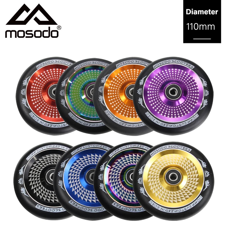 Mosodo 110mm Pro Stunt/Push/Kick Scooter Wheels with Bearings Aluminum Alloy Core Scooter Replacement Parts Accessories 2pcs/set