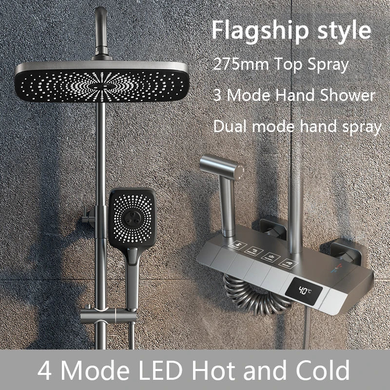 Top1 Piano Key Shower Set Gray Bathroom Digital Display Faucet Shower System Set Bathtub Hot and Cold 4 Functions Tap Shower Set