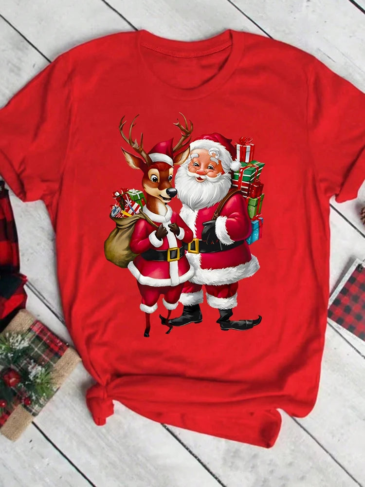Merry Christmas Santa Claus Deer Print Women T-Shirt Fashion Short Sleeve T Shirt Streetwear Harajuku Female Tees Tops