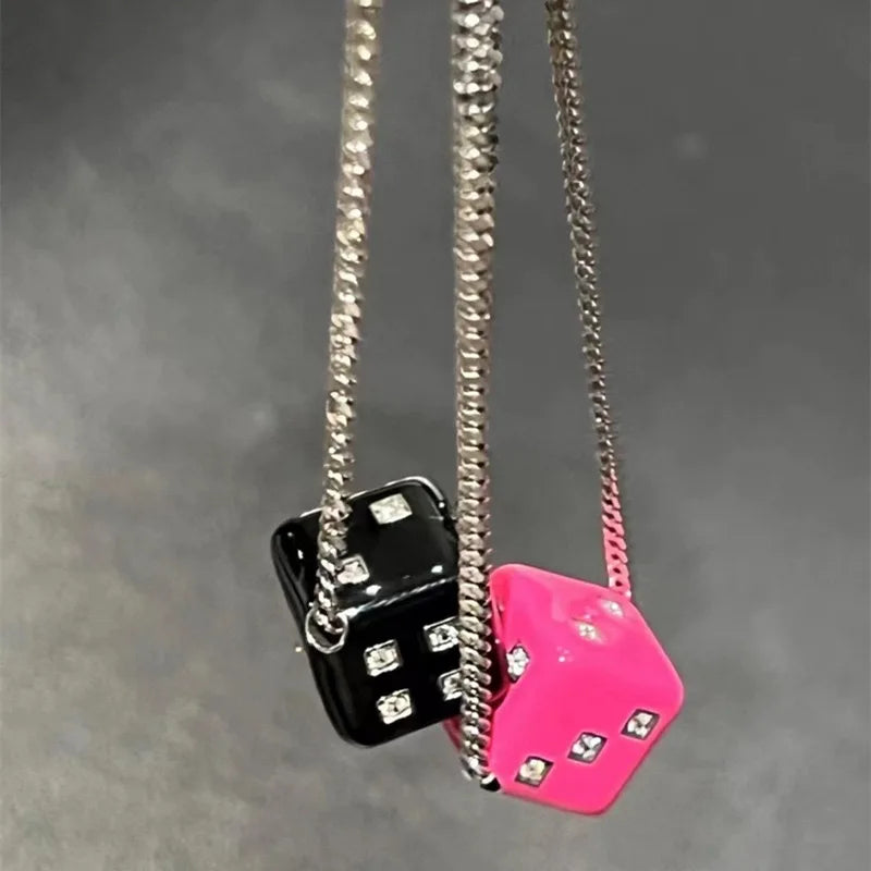 Y2K Zircon Square Black Rose Pink Dice Pendant Necklace for Women Korean Fashion Stainless Steel Neck Chain Jewelry Accessories