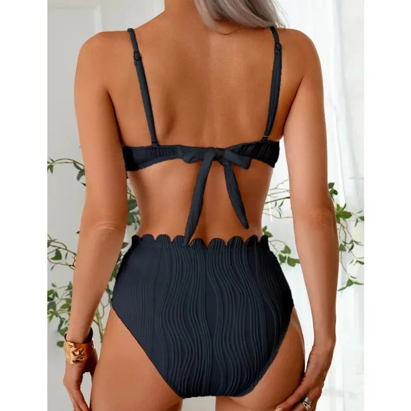 Fashion Ruched Bikini Push Up Swimsuit Women Split Pearl Chain High Waist Bikini 2025 New Solid Bathing Suit Two Piece Beachwear