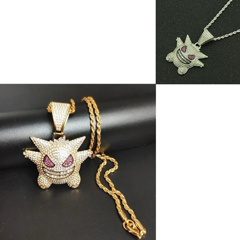 Pokemon Gengar Miami Cuban Link Chain HipHop Men Women Necklace Jewelry Trend Metal Pendant Rhinestone Paved New Hot Street Gift