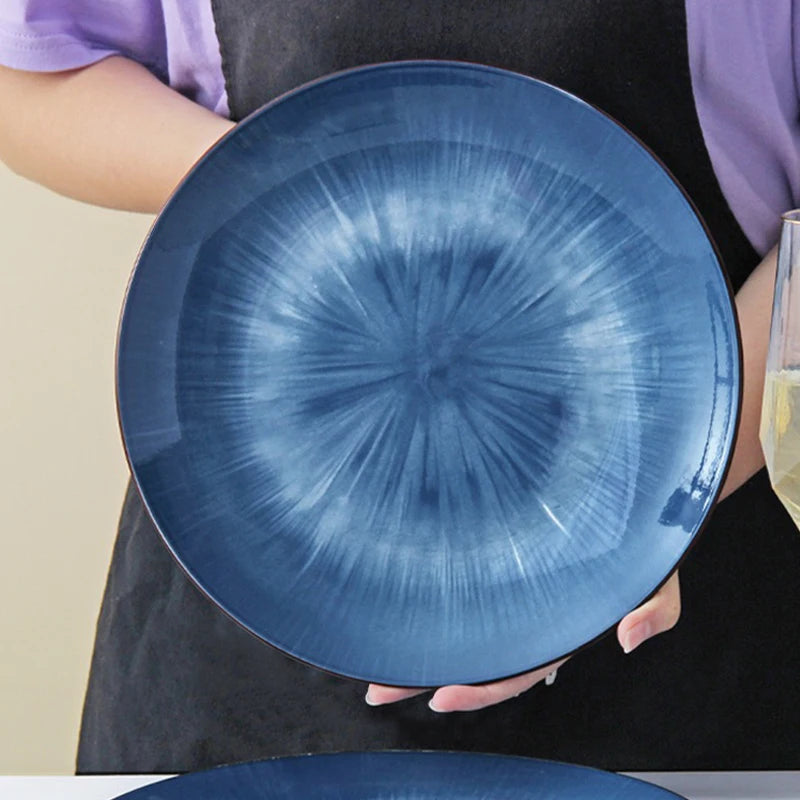 Japanese Retro Flat Plate 10 Inch Blue Gradient Ceramic Fruit Dish High Quality Cold Dishes Home Western-style Steak Plates