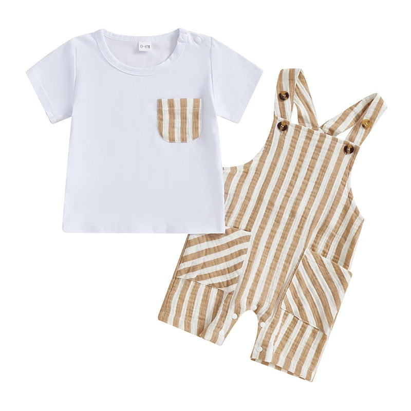 Toddler Boy s Summer Set Short Sleeve Crew Neck Tee with Striped Overall Shorts Cute Baby Boy Outfit for Warm Weather
