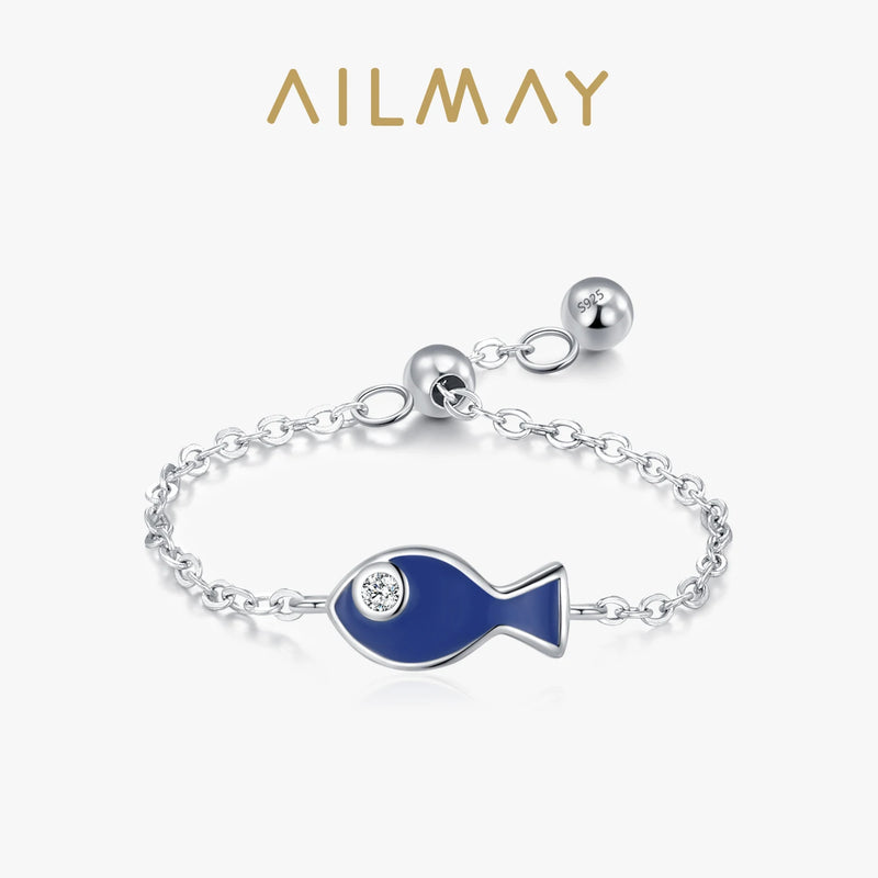 Ailmay 925 Sterling Silver Blue Enamel Lovely Small Fish Adjustable Ring For Women's Daily Wear, Parties, And Gift Giving