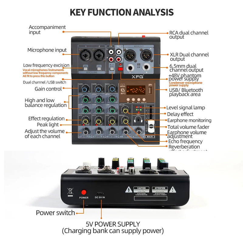 audio mixing console 4 channel  USB bluetooth interface audio Mixer sound board remote with  playback 48V Phantom Power Karaoke