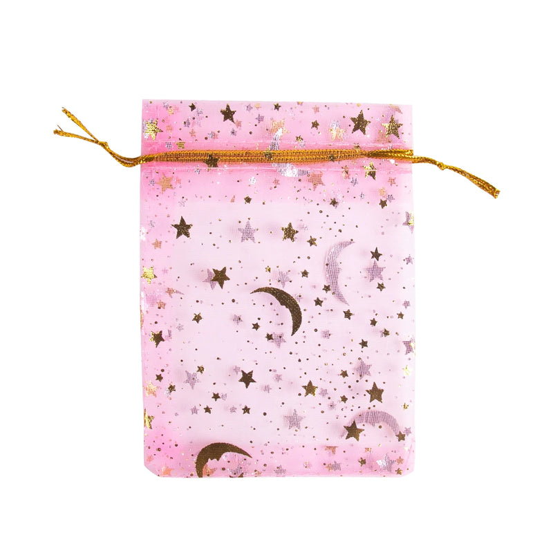 50Pcs Eid Mubarak Decoration Mesh Bag Organza Hot Stamping Silver Star Moon Candy Gift Drawstring Packaging Bag Party Supplies