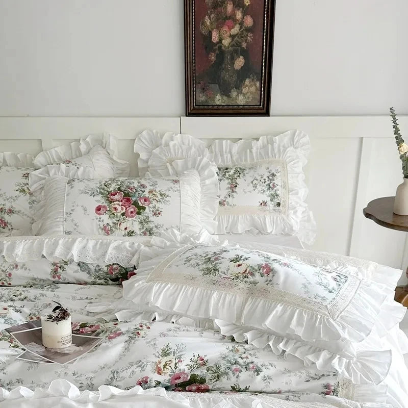 Ruffle patchwork 3Pcs Floral 100%cotton White Duvet Cover Set +2Pillowcases US/UK Super King size  Bedding Sets