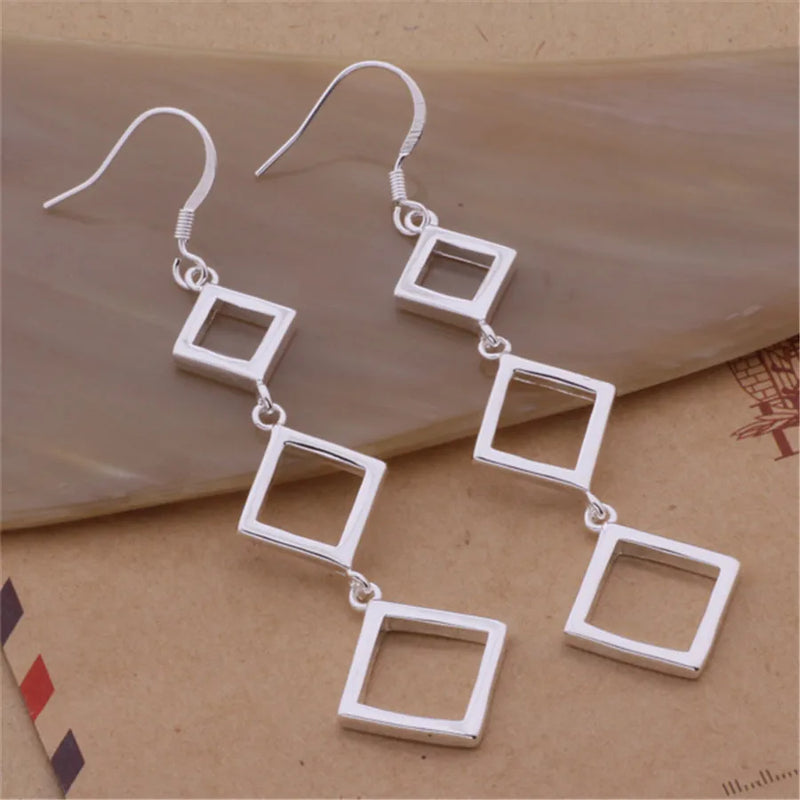 Fashion 925 Sterling Silver Square rhombus long earrings for women luxury designer jewelry party wedding accessories gifts