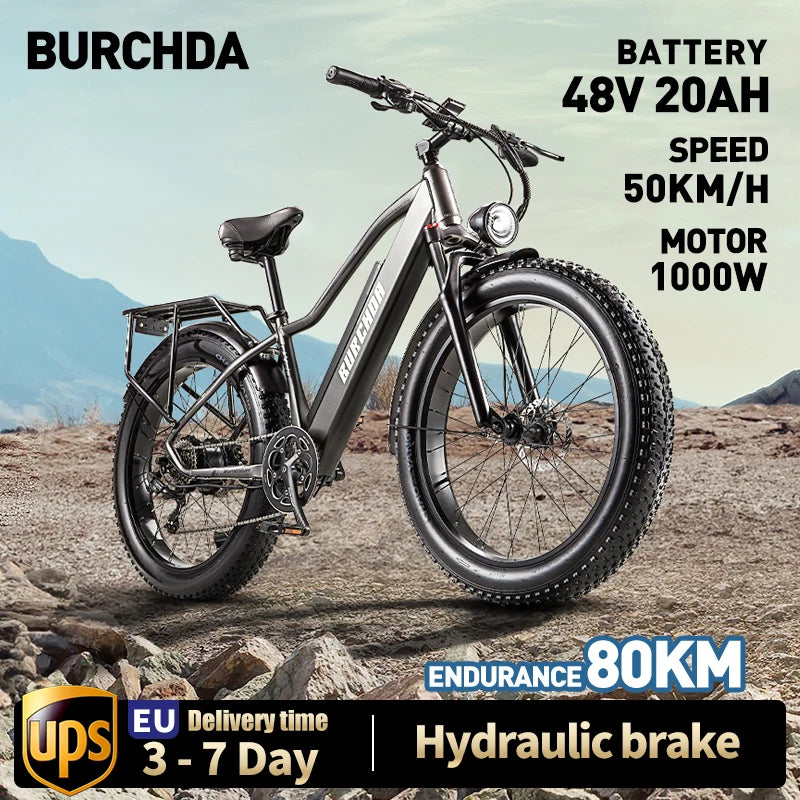 BURCHDA RX20 1000W50KM/H 26 Inch Mountain Electric Bicycle 48V20AH Lithium Battery Fatbike Electric Bike For Adults Motorcycle