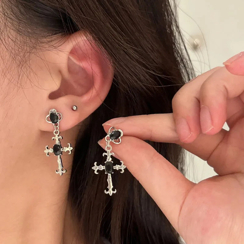 Gothic Cross Black Drill Drop Earrings Women Punk Halloween Jewellery Creativity Fashion Gorgeous Statement Jewelry Girl Gifts