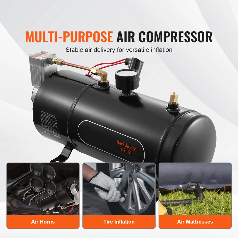 SucceBuy 12V Air Compressor with Tank 0.8 Gal Train Horn Air Compressor 120 psi Working Pressure Onboard Air Compressor System