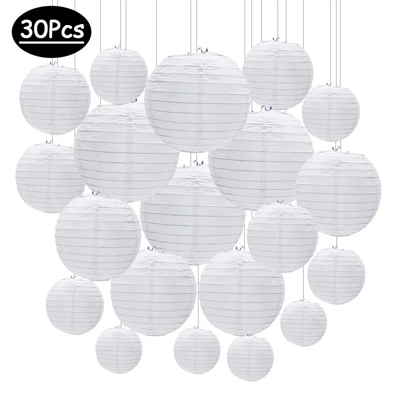 30pcs/lot 4''-12'' White Chinese Paper Lanterns Ball Hanging Round Lantern for Wedding Birthday Party Event Christmas Decoration