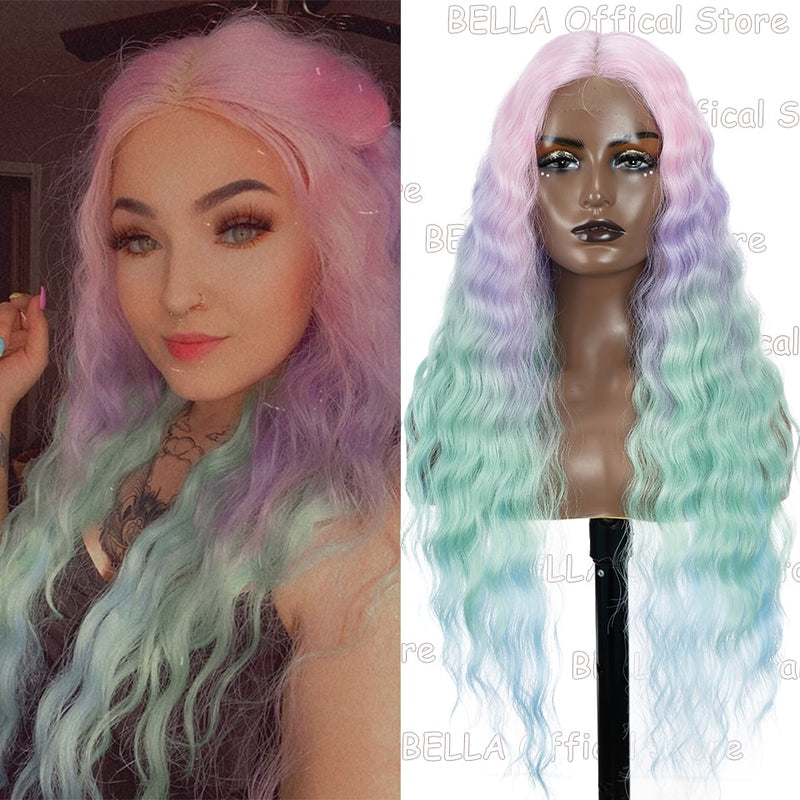 BELLA Lace Wigs Synthetic Deep Wave Curly Synthetic Lace Front Wig Blonde Wig Pink 30 Inch Hair Wigs For Black Women Cosplay