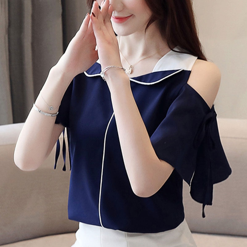 Fashion Women Blouse And Tops 2023 White Blouse Shirts Ladies Tops Chiffon Shirts Chiffon Blouse V-Neck Flare Sleeve 3630 50