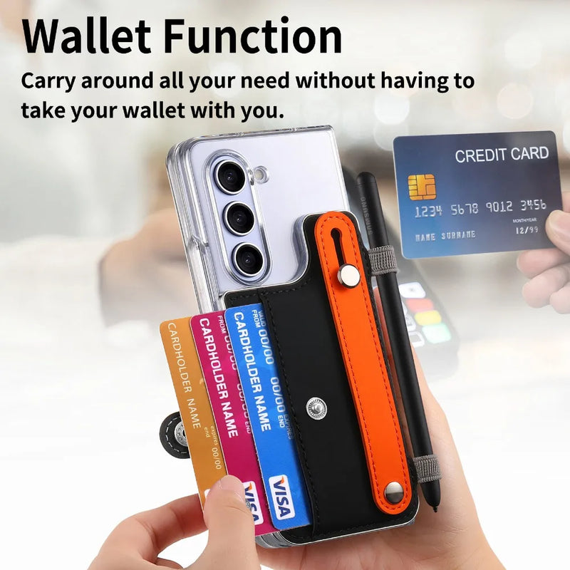 For Samsung Z Fold 5 Wallet Wristband Transparent Case for Samsung Galaxy Z Fold 5 fold 5 Pen Card Holder Bracket Stand Cover