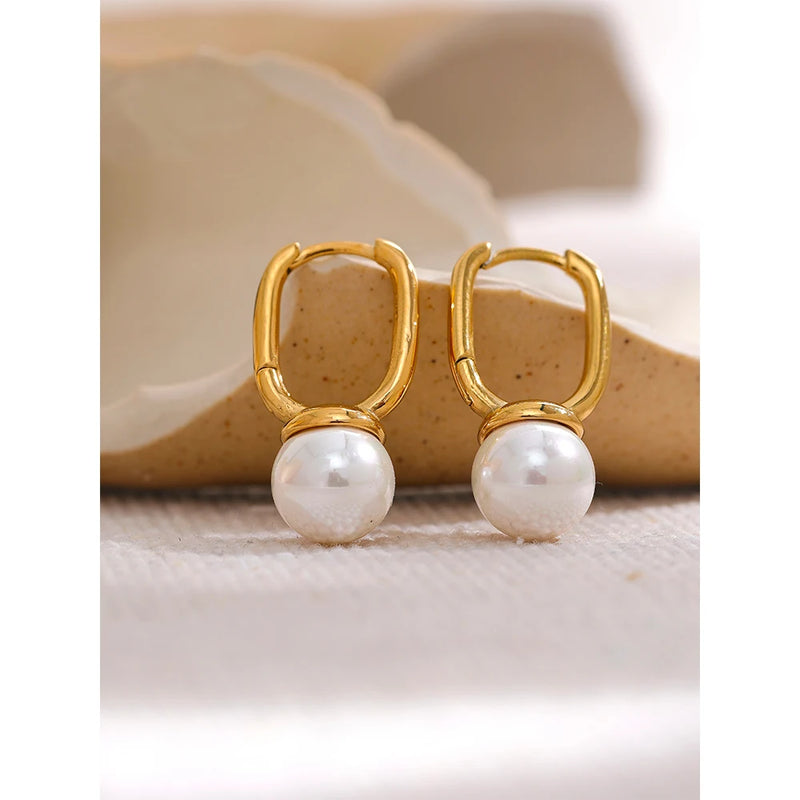 Yhpup Stylish Bright Shell Pearl Stainless Steel Huggie Hoop Earrings 18K Gold Color Texture High Quality Women Jewelry Gift