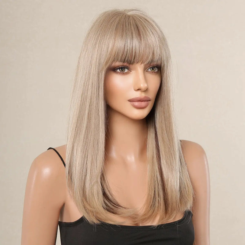 Blonde with Brown Highlight Long Straight Synthetic Wigs for Women Natural Hair Wigs with Bangs Heat Resistant Cosplay