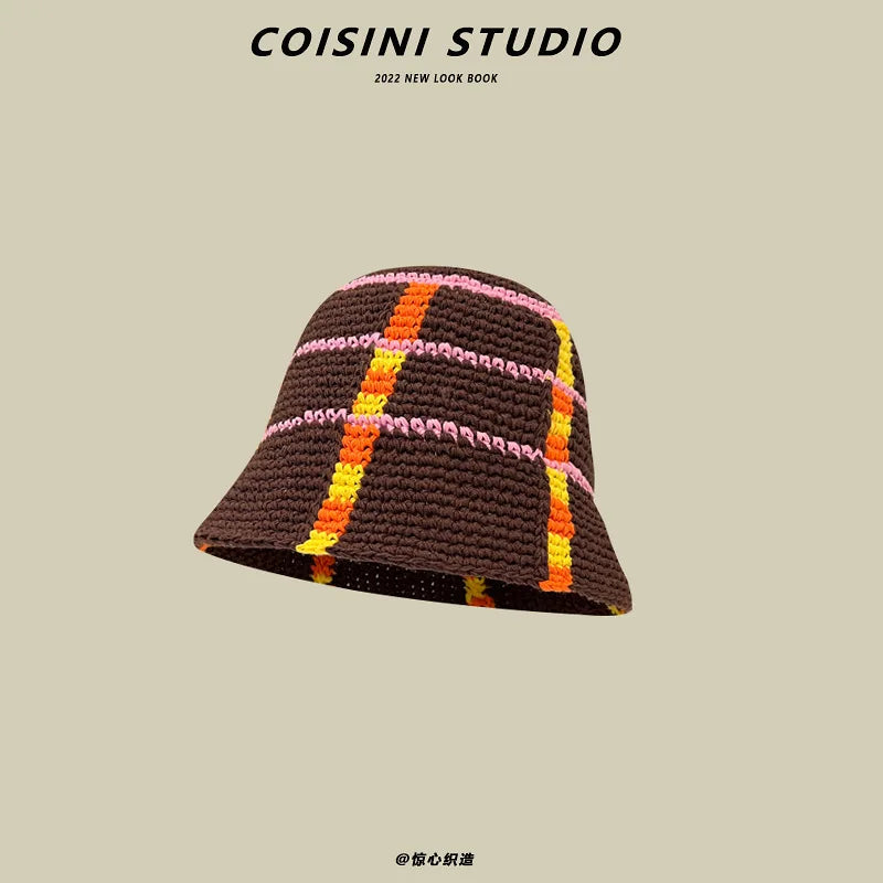 2024 New Korean-Japanese Hand Buckle Crochet Bucket Hat Spring and Autumn Winter Sun Hat Female Cherry Designer Bob Basin Hat