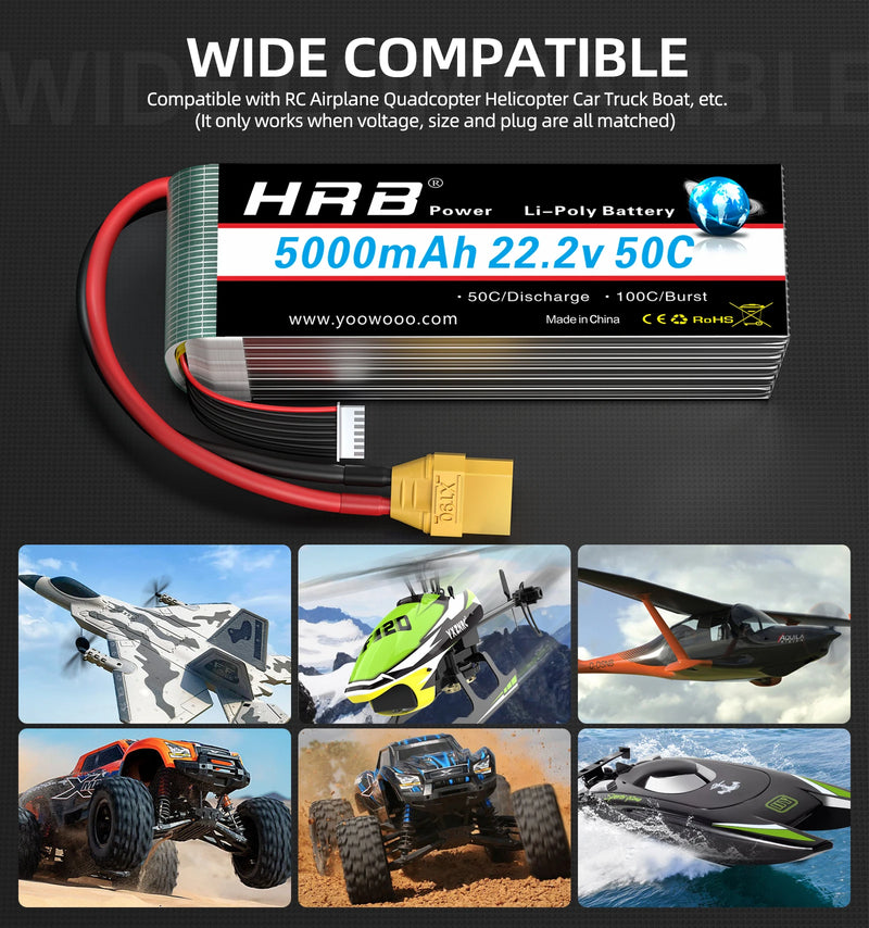 1/2PCS HRB 22.2V 5000mah Lipo Battery 6S Lipo Drone Battery 50C XT90 EC5 Connector for RC Quadcopter Helicopter RC Car Monster