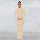 CM.YAYA Women Mesh Tassel Long Sleeve Diamonds Hot Rhinestones Bodycon Midi Maxi Long Dress and Tank Inner Dresses 2piece Suit