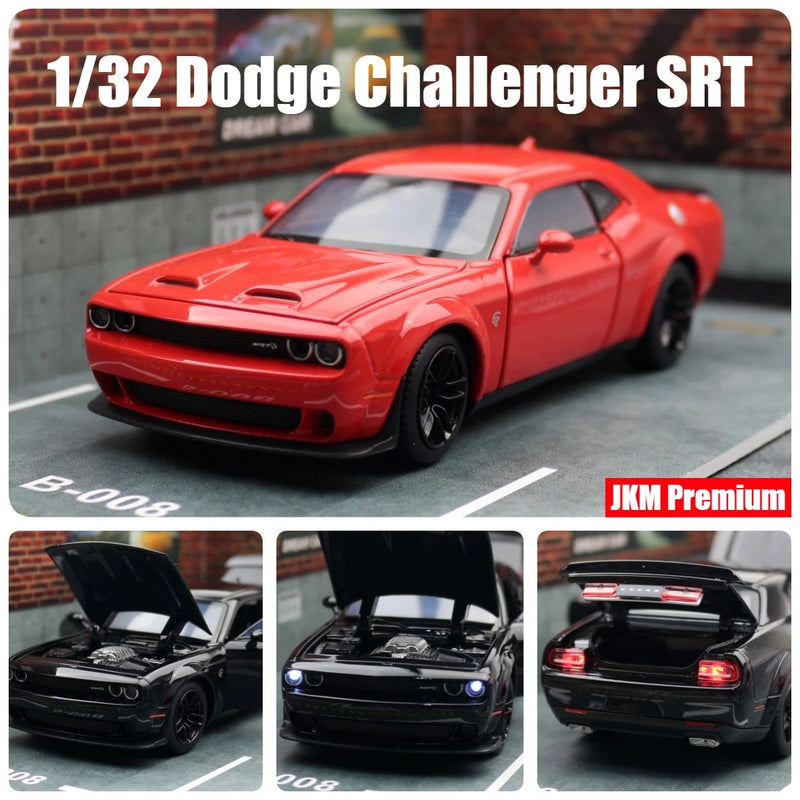 1/32 Dodge Challenger SRT Toy Car Model JKM Diecast Miniature 1:32 Doors Openable Sound & Light Vehicle Collection Gift For Kid