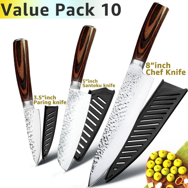 Kitchen Knife Japanese Chef Knives Set 7CR17 High Carbon Stainless Steel Full Tang Hammer Pattern Meat Cleaver Utility Santoku K