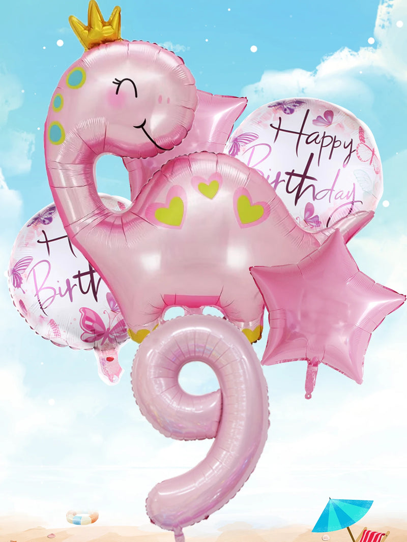 1set Pink Crown Dinosaur Foil Balloons 40 Inch Number Helium Balloon Baby Girl Children‘s Birthday Party Decorations Kids’