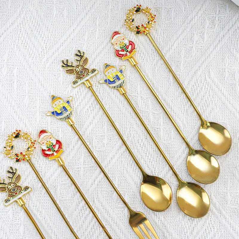 Stainless steel Christmas dessert spoon fork creative cartoon lovely afternoon tea coffee spoon fork spoon dinner set cutlery