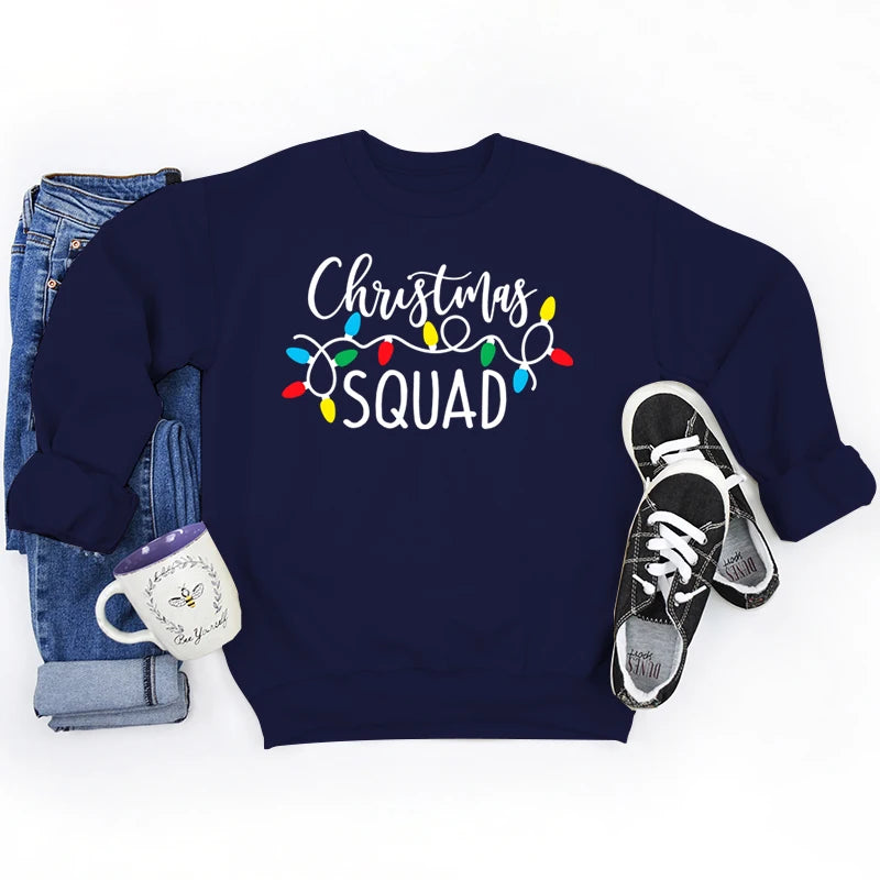 Christmas Lights Christmas Squad Print Crew Neck Sweatshirts Fashion Print Women Christmas Casual Sweatshirts Xmas Gifts